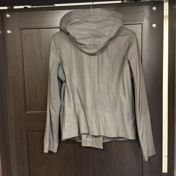 Grey Leather Jacket with Hood - Picture 2 of 4